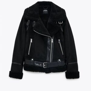 Zara Faux Suede Shearling Lined Moto Jacket Black Size Medium Blogger Fave